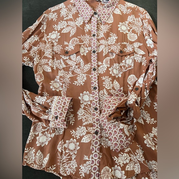 LOLA P. 100% RAYON BOHO BUTTON DOWN BLOUSE LONG SLEEVES Sz L A166 - Picture 7 of 9